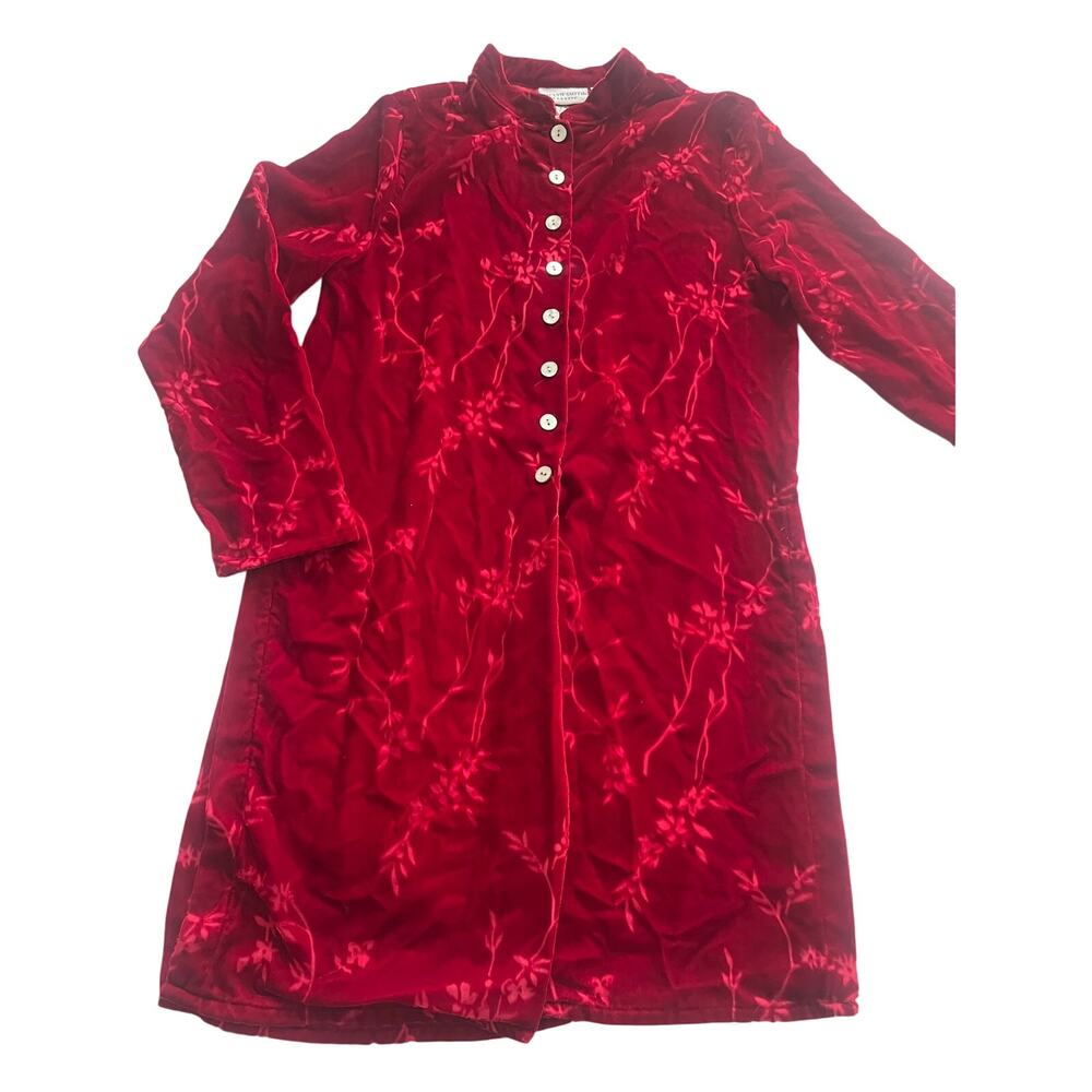 Jaclyn Smith red floral top velvet burnout tunic/long-sleeve shirt jacket small